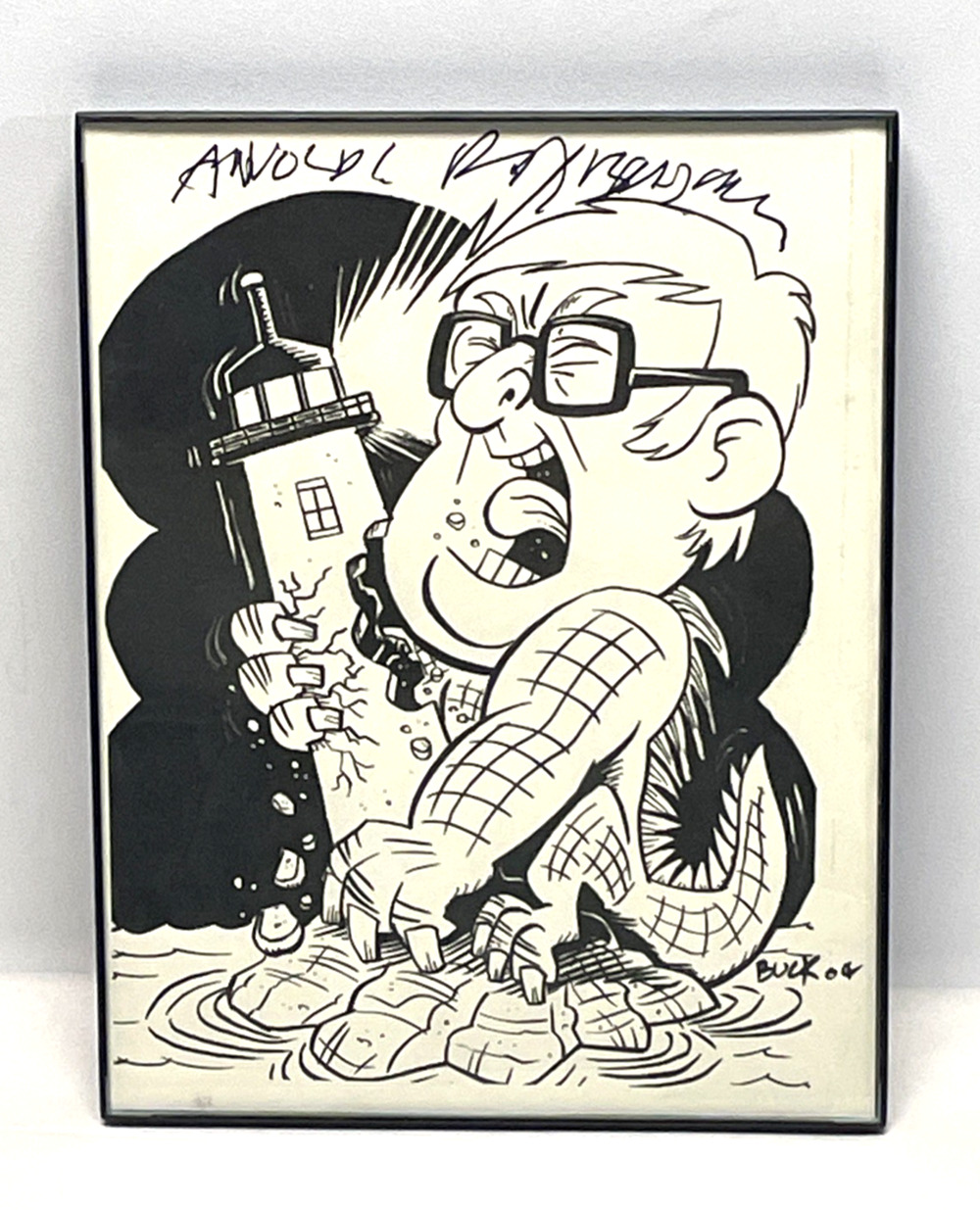 Pen Ink Caricature Cartoon Art Signed Buck 2006 Framed Lighthouse 8.5x11